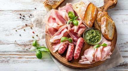 A beautifully arranged charcuterie platter showcasing various cured meats, fresh basil, pesto, and slices of crusty bread on a rustic wooden board, evoking a savory culinary experience.