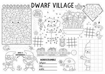 Obraz premium Vector dwarf village placemat for kids. Forest gnome printable activity mat with maze, tic tac toe charts, connect the dots, find difference. Woodland elf black and white play mat or coloring page