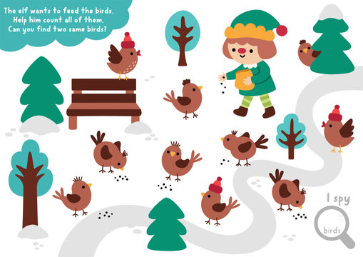 Counting seek and find activity with elf feeding sparrows in snowy park. Find two same birds. Christmas matching, I spy printable game for children. Winter holiday educational quiz worksheet for kids