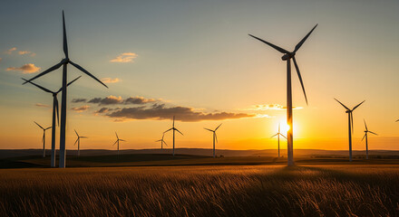 Obraz premium wind turbines on a field during golden sunset