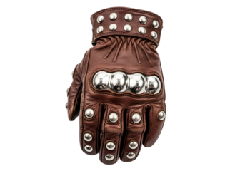 Close-up view of a brown leather motorcycle glove, featuring metallic studs and protective armor, presented against a stark black background.