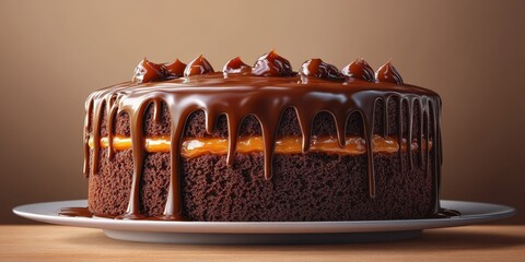 Decadent chocolate cake with rich caramel filling and glossy frosting displayed on a wooden table