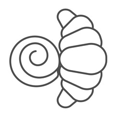 Puff croissant thin line icon, desert sweets concept. Vector graphics. Sweet bun with poppy seeds sign on white background, outline style icon for mobile or web design.