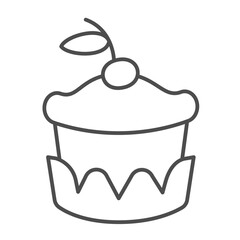 Fresh bun thin line icon, desert sweets concept. Vector graphics. Cupcake in glaze and cherry sign on white background, outline style icon for mobile or web design.
