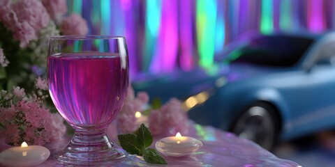 Colorful indoor setting with flower arrangements and a glass of purple drink near a stylish car