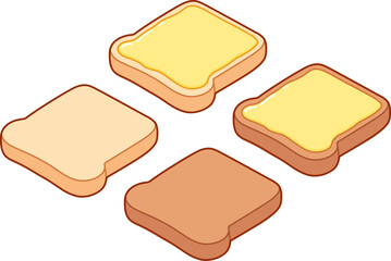 White and wholegrain bread toast with butter, cartoon drawing set. Buttered and plain slice. Isolated vector clip art illustration.