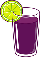 Chicha morada glass with slice of lime. Traditional purple corn based drink from Peru. Cartoon vector clip art illustration, cute doodle drawing.