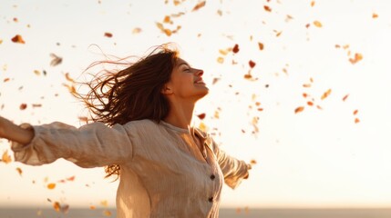 A woman stands with her arms wide open, embracing the golden hues of a sunset. Leaves gently fall around her, capturing the essence of joy and freedom in the autumn air.