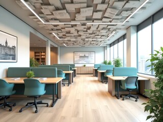 Fototapeta premium Modern office interior with spacious workstations, large windows, and greenery for a productive environment