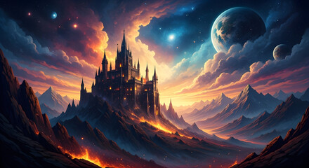 Majestic castle rising on jagged cliffs beneath glowing moon and fiery twilight, epic fantasy scene rendered as synaptic pixel abstract overlay cosmic digital landscape