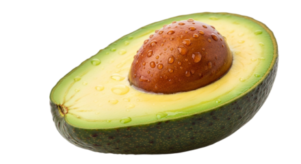 Fresh avocado half glistening with morning dew a testament to healthy eating and summer vibes on transparent background