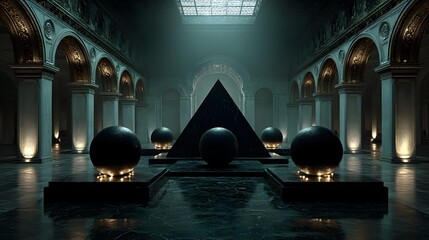 Abstract Sculpture of Stacked Spheres in a Grand Hall with cinematic lighting atmospheric depth with cinematic lighting atmospheric depth with cinematic lighting atmospheric depth