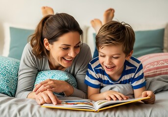 Mother and son lying on a bed, laughing while reading a book together in a bright room