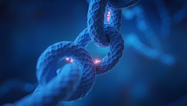 Close up of blue metallic chain with abstract red glow effect