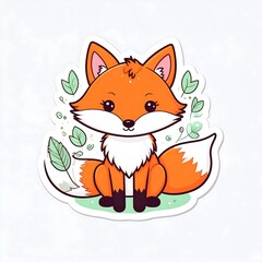 Obraz premium Cute fox sticker, forest background, nature design, kids art