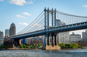 Modern city landscapes evening. New York skyline and sea.