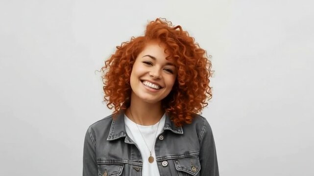 In the foreground is a woman with bright red curly hair. There is a monochrome light background in the background, which highlights the figure in the foreground.The woman smiles, which creates a frien