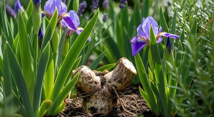 Obraz premium Vibrant Purple Iris Flowers Blooming Amidst Lush Green Foliage.