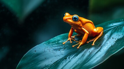 Orange frog sitting on a leaf in the jungle amphibian tropical wildlife animal rainforest nature exotic
