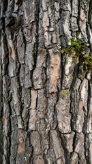 Obraz premium Close-up of weathered tree bark with vertical fissures and moss