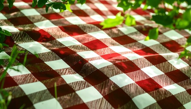 Picnic blanket, checkered red and white, dappled sunlight, shaded by greenery - Powered by Adobe