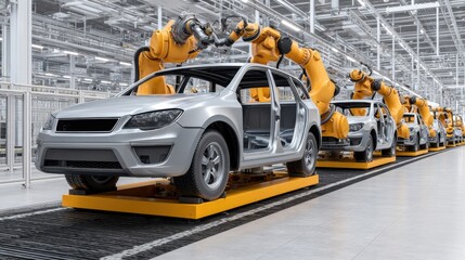 Advanced Manufacturing Process with Automated Robotic Arms in High-Tech Automotive Factory Setting for Vehicle Assembly
