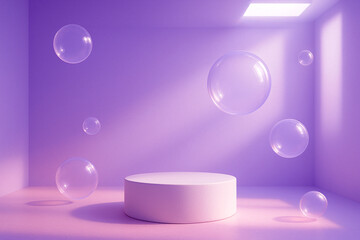 Lavender Room with Floating Bubbles and Glowing White Podium