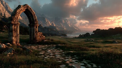 Fototapeta premium Ancient Stone Ruins at Sunset Over Lush Green Landscape with cinematic lighting atmospheric depth with cinematic lighting atmospheric depth with cinematic lighting atmospheric depth