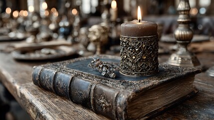 Antique Book and Ornate Gold Candle on Wooden Table with cinematic lighting atmospheric depth with cinematic lighting atmospheric depth with cinematic lighting atmospheric depth