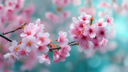 Obraz premium Delicate pink cherry blossoms bloom on a slender branch in a tranquil outdoor space. Soft light highlights the beauty of spring, creating a peaceful atmosphere for nature lovers.