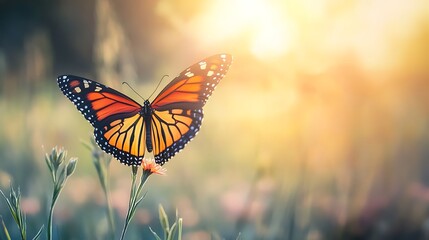 Obraz premium Beautiful monarch butterfly resting on flower in sunlit meadow nature photography background image stock photo