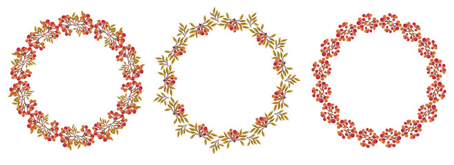 Flat vector set of round frames made of red berries and rowan branches with and without leaves. Perfect autumn decoration for seasonal design projects.