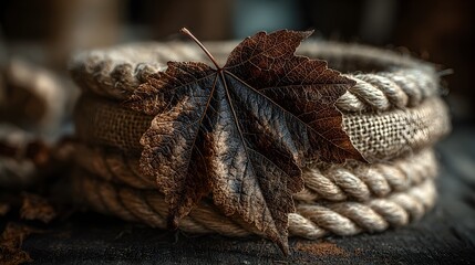 Autumn Leaf Resting on Coiled Rope in Jute Basket with cinematic lighting atmospheric depth with cinematic lighting atmospheric depth with cinematic lighting atmospheric depth