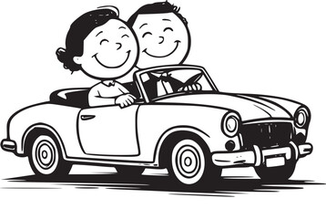 Fototapeta premium Joyride: Illustration of a smiling couple, filled with happiness, cruising in a classic convertible on their adventurous journey, evoking feelings of freedom and travel.