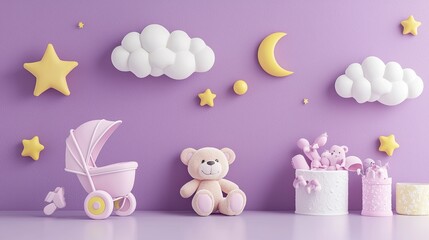 A purple nursery with a stroller, teddy bear, and toys on a purple wall.