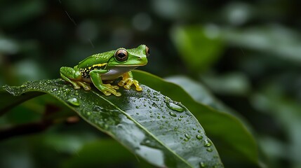 Obraz premium A vibrant green tree frog sitting on a wet leaf in the rainforest with beautiful natural light bokeh effect