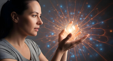 Woman holding glowing orb of light in her hands, digital particles radiating outward in warm tones, surreal synaptic pixel abstract overlay inspired conceptual portrait