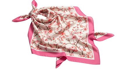A delicate silk scarf adorned with blooming cherry blossoms evoking springtime elegance and on transparent background