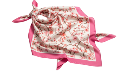 A delicate silk scarf adorned with blooming cherry blossoms evoking springtime elegance and on transparent background