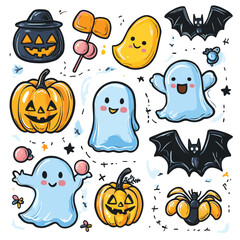 Hand drawn set of Halloween with cute ghosts, pumpkins, spider, bat, candies, moon