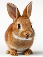 Obraz premium Closeup of a small brown bunny with long ears and a white patch under its nose sitting on a white surface