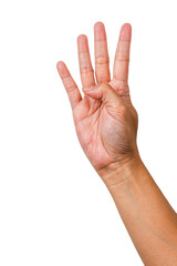 four finger gesture or finger gesture, hand sign isolated on transparent background, woman hand
