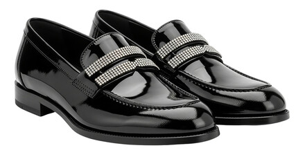 Gleaming black patent leather loafers adorned with sparkling crystal straps a statement of on transparent background