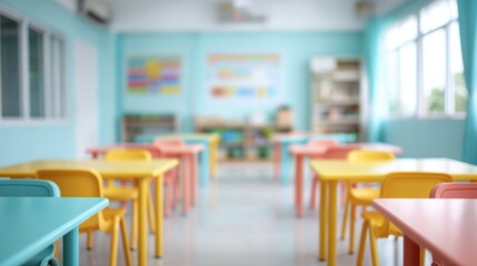 Bright and Cheerful Classroom Interior Design with Colorful Desks and Educational Materials for Engaging Learning Environment