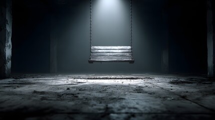Empty Black Swing Hanging Motionless on Grey Ground with cinematic lighting atmospheric depth with cinematic lighting atmospheric depth with cinematic lighting atmospheric depth