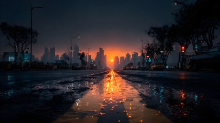 Empty City Street at Sunrise with cinematic lighting atmospheric depth with cinematic lighting atmospheric depth with cinematic lighting atmospheric depth