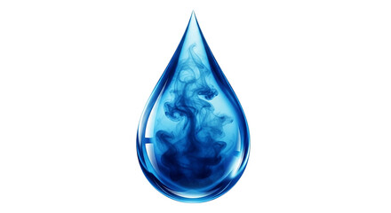 A mesmerizing blue water droplet with swirling currents of blue dye suspended delicately on transparent background