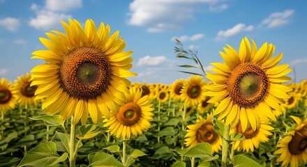 Obraz premium Vibrant Sunflower Field Under a Sunny Blue Sky.