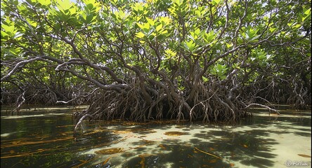 Vibrant Mangrove Forest with Tangled Aerial Roots Submerged in Shimmering Tropical Water, Lush Green Canopy Above
