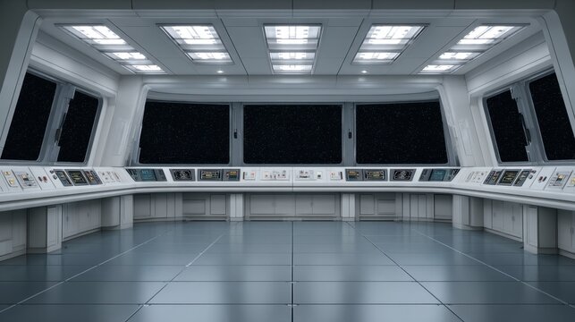 Futuristic Space Control Room with Bright Panels and Large Windows Overlooking the Stars in a Sci-Fi Setting